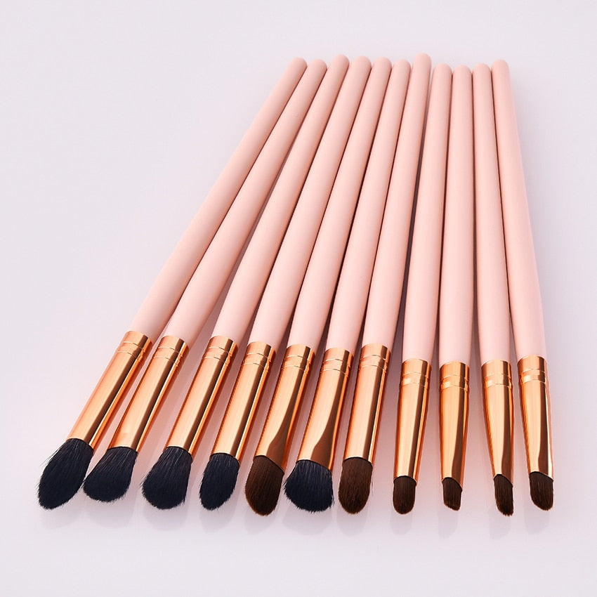 11pcs Pvc Pink Gold Wood Eyes Makeup Brushes Set Eyeshadow Eyebrow Lip