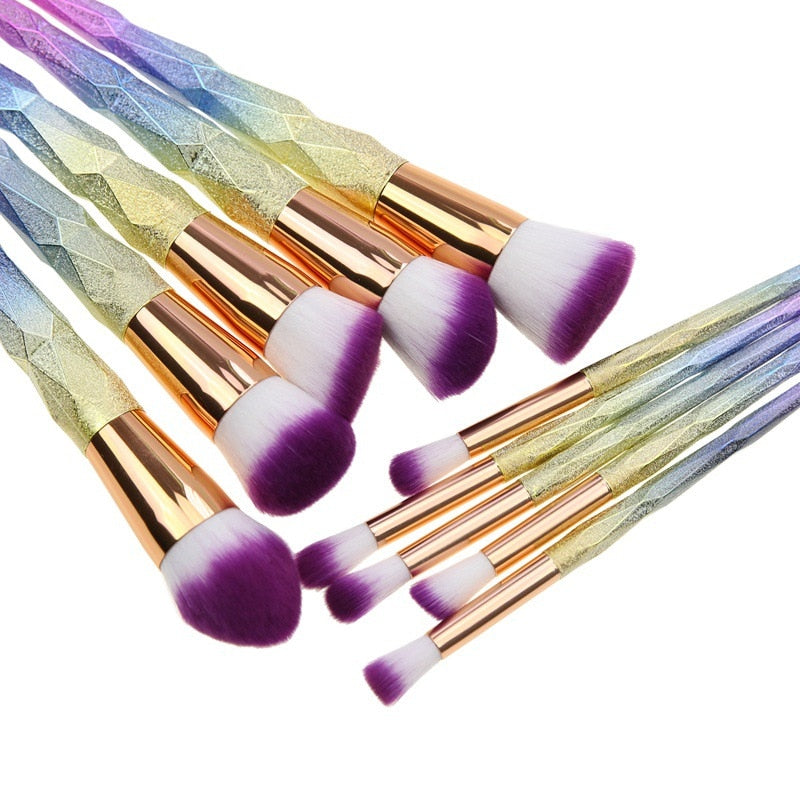 New 10pcs Diamond 3d Handle Makeup Brushes Gradient Colorful