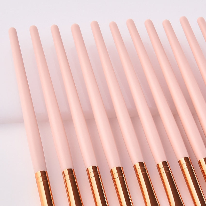 11pcs Pvc Pink Gold Wood Eyes Makeup Brushes Set Eyeshadow Eyebrow Lip