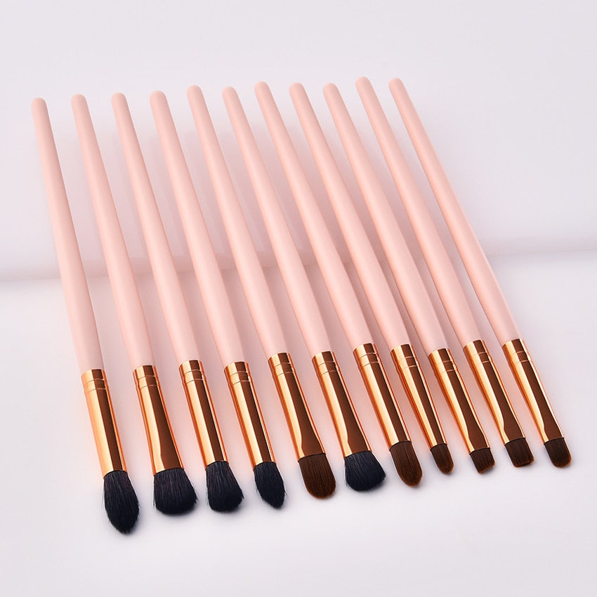 11pcs Pvc Pink Gold Wood Eyes Makeup Brushes Set Eyeshadow Eyebrow Lip