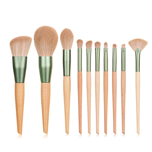 10pcs Nature Wood Handle Makeup Brushes Set With Green Pineapple Bag