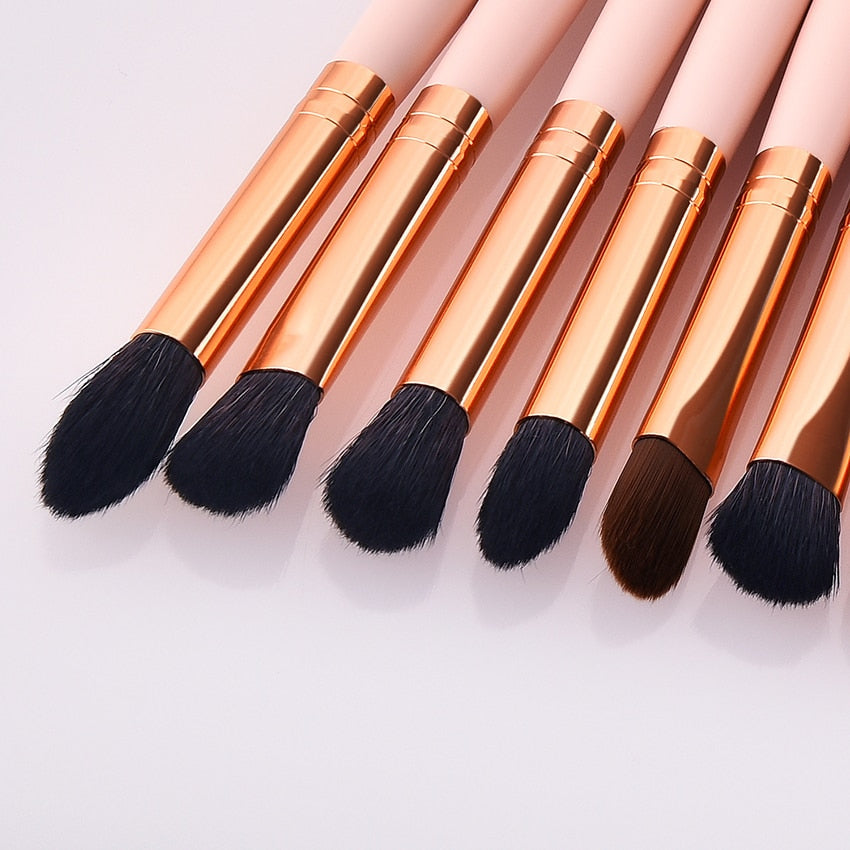 11pcs Pvc Pink Gold Wood Eyes Makeup Brushes Set Eyeshadow Eyebrow Lip