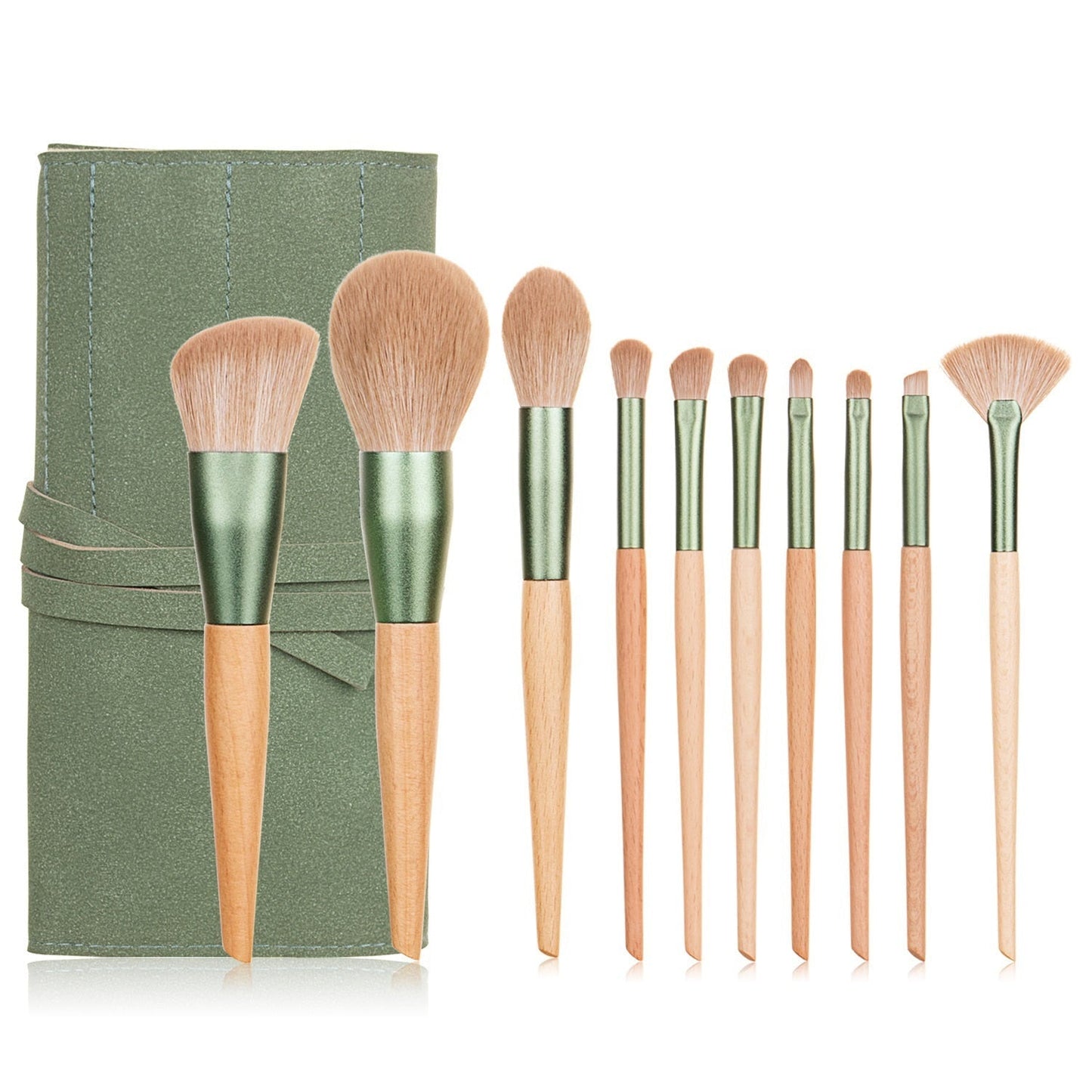 10pcs Nature Wood Handle Makeup Brushes Set With Green Pineapple Bag