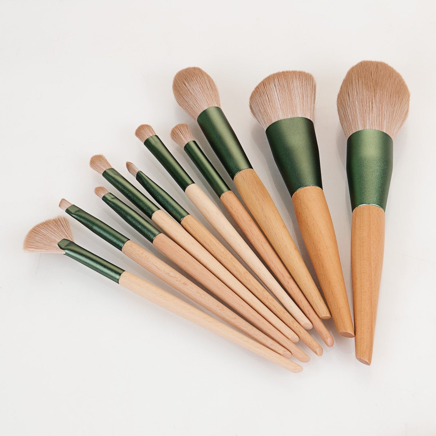 10pcs Nature Wood Handle Makeup Brushes Set With Green Pineapple Bag