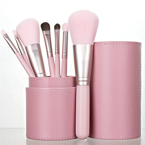 7PC Makeup Brush Set With Case Organizer Pink Blush Eyeshadow