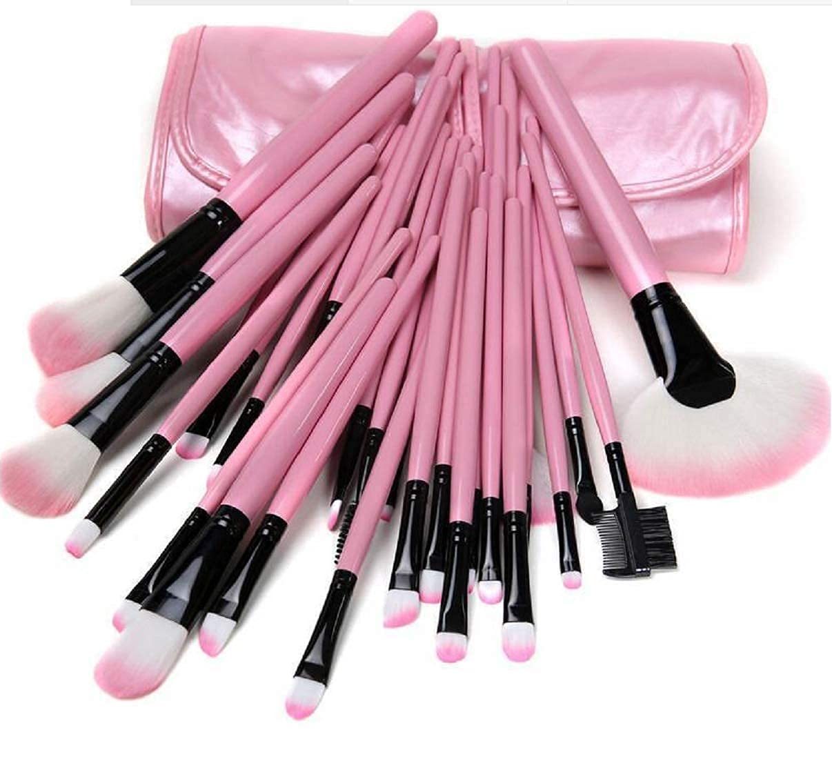 Soft Bristle Makeup Brush Set with Storage Pouch- Pink, 24 Pieces